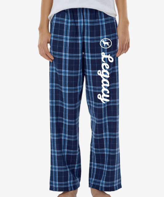 Navy plaid pajama pants with a logo and text on a white background