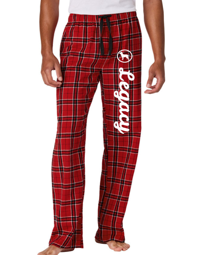Red plaid pajama pants with a logo and text on a white background