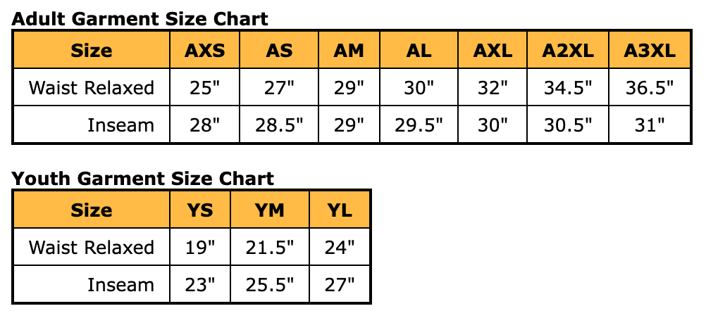 Garment size chart for adults and youth with waist and inseam measurements.
